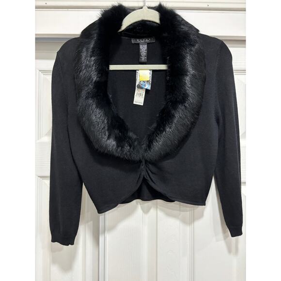 Silk Knit Crop Cardigan Sweater Real Fur Collar Whimsical Goth Fairy sz M New - Picture 1 of 3